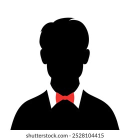 Abstract man silhouette in red bow tie. Dark male silhouette avatar emblem. Vector illustration