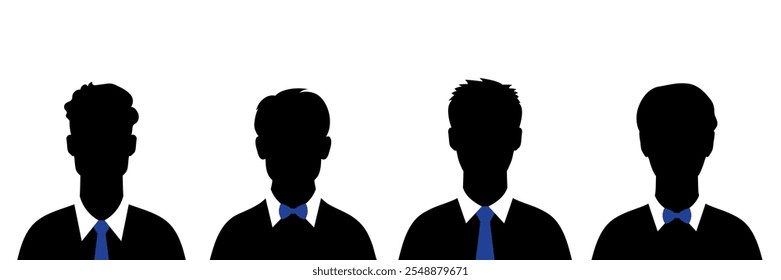 Abstract man silhouettes in tie and bow tie. Dark male silhouette avatars. Vector illustration