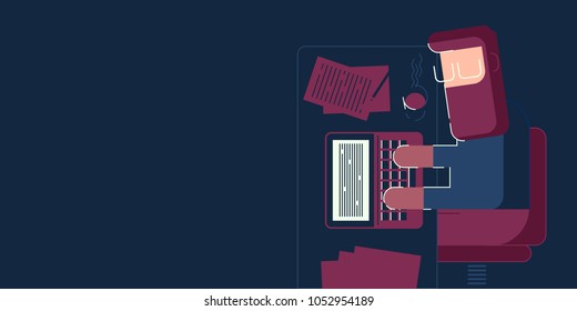 Abstract man sitting behind the table and working on laptop at night.