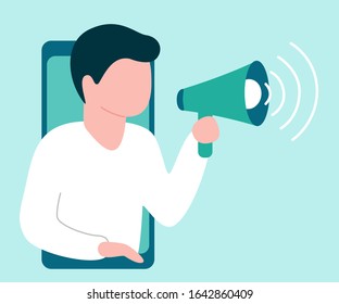 Abstract man from smartphone holds speaker and says, calls, invites, notifies. Male is barker, blogger, influence. Welcome, attention, landmark, hint. Vector illustration