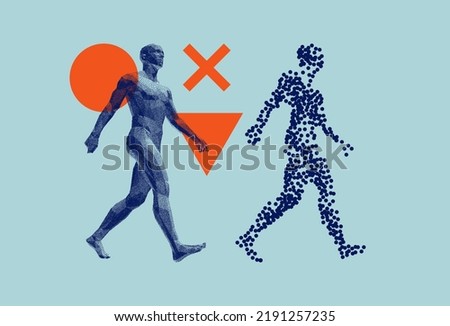 Abstract man stepping forward. One person walking on the road. 3D human body model with stipple effect. 