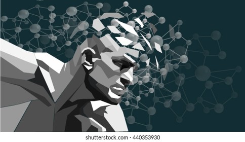 Abstract man thinking, brain molecules and universe from mind, abstract scientist background