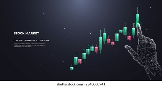 Abstract man touches colorful candlesticks with his index finger. The concept of risk management. A digital hand is touching and lifting up the graph chart. Vector illustration with 3D effect
