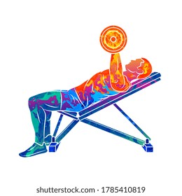 Abstract man training chest with dumbbells on bench press from splash of watercolors. Body Building. Vector illustration of paints