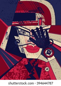 Abstract man with watch.Hand drawn and textured abstract poster.