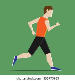 Abstract man wearing shorts running on green bacground with drop shadow. Sports, healthy lifestyle, jogging, marathon, competition concept. EPS 8 vector illustration, no transparency
