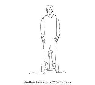 abstract man without a face on a gyro scooter hand-drawn, continuous mono line, one line art, contour drawing