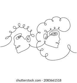 Abstract man and woman by one line vector drawing. Portrait minimalistic style. Continuous single line art. Fashion print.