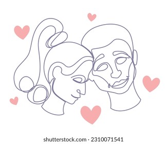 Abstract man and woman by one line vector illustration. Romantic couple touching heads, enjoying intimacy together with hearts on white background. Love, romance, Valentines day concept