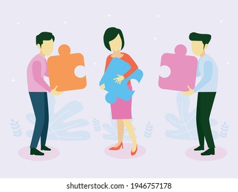 Abstract man and woman holding one piece of jigsaw similitude connection business to success puzzle solution, teamwork concept, cartoon character design flat vector illustration