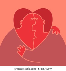 Abstract man and woman kissing each other. Their heads is in shape of the heart with male silhouette inside. Love triangle concept illustration.