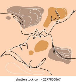 Abstract man and woman kissing, one line vector drawing. Young couple kissing illustration in neutral pastel colors. Portrait minimalistic style.Modern continuous line art. fashion print.