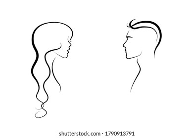 Abstract man and woman profile. Minimalist black linear design isolated on white background. Vector illustration