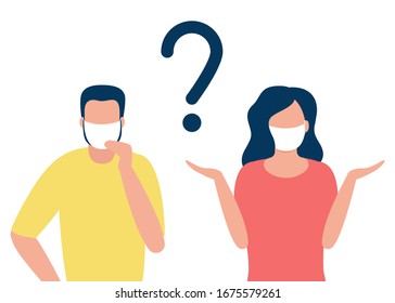 Hombres y mujeres abstractos en máscaras respiratorias con signo de interrogación. Protección contra las enfermedades. Prevención de enfermedades. Ilustración del vector