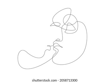 Abstract man and woman they kiss, one line vector drawing. Lovers portrait minimalistic style. Love print. Valentines symbol of cosmetics. Modern continuous line art. Fashion print. Beaty salon