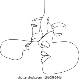 Abstract man and woman touch  by one line vector drawing. Portrait minimalistic style. Botanical print. Nature symbol of cosmetics. Modern continuous line art. Fashion print. Beaty salon