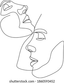 Resumen de hombre y mujer tacto por un dibujo vectorial de una línea. Retrato de estilo minimalista. Huella botánica. Símbolo natural de los cosméticos. Moderna línea de arte. Impresión de moda. Salón Beaty