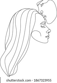 Abstract man and woman touch by one line vector drawing. Portrait minimalistic style. Botanical print. Nature symbol of cosmetics. Modern continuous line art. Fashion print. Beaty salon