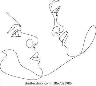 Abstract man and woman touch by one line vector drawing. Portrait minimalistic style. Botanical print. Nature symbol of cosmetics. Modern continuous line art. Fashion print. Beaty salon