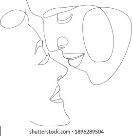Abstract man and woman touch by one line vector drawing. Portrait minimalistic style. Botanical print. Nature symbol of cosmetics. Modern continuous line art. Fashion print. Beaty salon