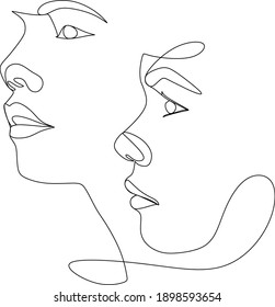 Abstract man and woman touch by one line vector drawing. Portrait minimalistic style. Botanical print. Nature symbol of cosmetics. Modern continuous line art. Fashion print. Beaty salon