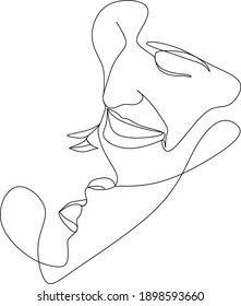Abstract man and woman touch by one line vector drawing. Portrait minimalistic style. Botanical print. Nature symbol of cosmetics. Modern continuous line art. Fashion print. Beaty salon