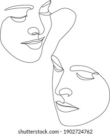 Abstract man and woman touch by one line vector drawing. Portrait minimalistic style. Botanical print. Nature symbol of cosmetics. Modern continuous line art. Fashion print. Beaty salon