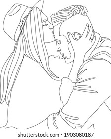 Abstract man and woman touch by one line vector drawing. Portrait minimalistic style. Botanical print. Nature symbol of cosmetics. Modern continuous line art. Fashion print. Beaty salon