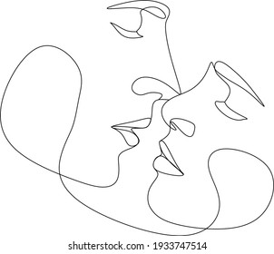 Abstract man and woman touch by one line vector drawing. Portrait minimalistic style. Botanical print. Nature symbol of cosmetics. Modern continuous line art. Fashion print. Beaty salon