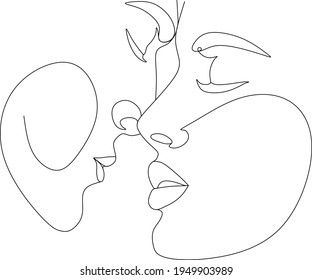 Abstract man and woman touch by one line vector drawing. Portrait minimalistic style. Botanical print. Nature symbol of cosmetics. Modern continuous line art. Fashion print. Beaty salon