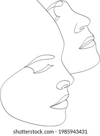 Abstract man and woman touch by one line vector drawing. Portrait minimalistic style. Botanical print. Nature symbol of cosmetics. Modern continuous line art. Fashion print. Beaty salon
