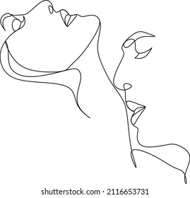 Abstract man and woman touch  by one line vector drawing. Portrait minimalistic style. Botanical print. Nature symbol of cosmetics. Modern continuous line art. Fashion print. Beaty salon