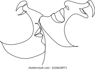 Abstract man and woman touch  by one line vector drawing. Portrait minimalistic style. Botanical print. Nature symbol of cosmetics. Modern continuous line art. Fashion print. Beaty salon