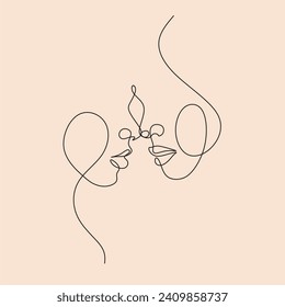 Abstract man and woman touch by one line vector drawing. Minimal Face Vector. Couple print, Kiss print, Valentines Day Illustration. Love poster. Romantic couple.
