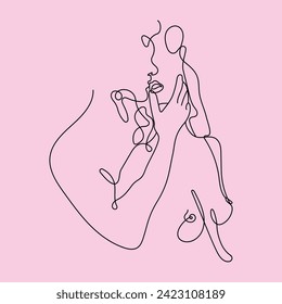 Abstract man and woman touch by one line vector drawing. Portrait minimalistic style. Botanical print. Nature symbol of cosmetics. Modern continuous line art. Fashion print.