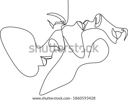 Abstract man and woman touch  by one line vector drawing. Portrait minimalistic style. Botanical print. Nature symbol of cosmetics. Modern continuous line art. Fashion print. Beaty salon