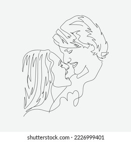Abstract man and woman touch and kissing and smiling by one line vector drawing. Portrait minimalistic style. Botanical print. Modern continuous line art. Fashion print.
