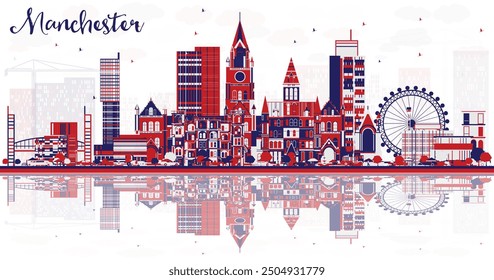 Abstractas horizonte de la ciudad de Mánchester con edificios de colores y reflejos. Ilustración vectorial. Concepto de viajes de negocios y turismo con arquitectura moderna. Paisaje urbano con Lugares famosos.