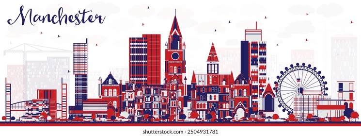 Abstractas horizonte de la ciudad de Mánchester con edificios de color. Ilustración vectorial. Concepto de viajes de negocios y turismo con arquitectura moderna. Paisaje urbano con Lugares famosos.