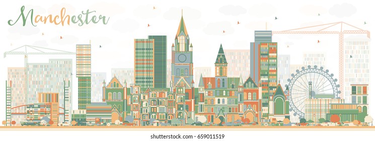 Abstract Manchester Skyline with Color Buildings. Vector Illustration. Business Travel and Tourism Concept with Modern Architecture. Image for Presentation Banner Placard and Web Site.