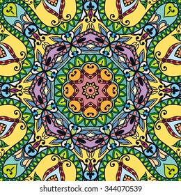 Abstract Mandala background, seamless geometric pattern, tribal ethnic arabic indian ornament. Hand drawn doodle repeating texture. Vector illustration