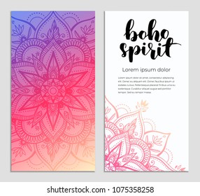 Abstract mandala banner design. Vector creative illustration with oriental boho elements. Gradient color theme flyers template