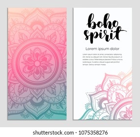 Abstract mandala banner design. Vector creative illustration with oriental boho elements. Gradient color theme flyers template