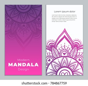 Abstract mandala banner design. Vector creative illustration with oriental boho elements. Violet color theme flyers template.