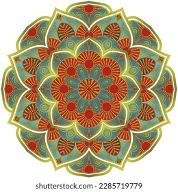 Abstract mandala with beautiful green and red textured gold stripes