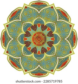 Abstract mandala with beautiful green and red textured gold stripes
