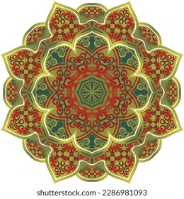 Abstract mandala with beautiful green and red textured gold stripes