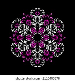 Mandala abstracta en fondo negro, ilustración vectorial.