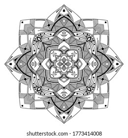 Abstract Mandala. Black and white pattern for adult coloring book. Vintage decorative elements. Oriental pattern, vector illustration.