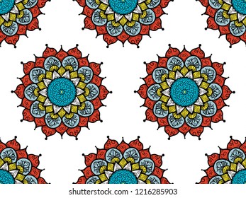 Abstract mandala boho seamless pattern. Bright flora ornament. Vector